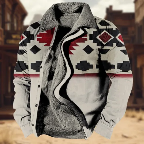 Vista 2 de LOAIHA Chaqueta de invierno para hombre, chaqueta azteca occidental para hombre, con cremallera, forro polar cálido, chaqueta vaquera, étnica vintage
