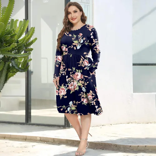 Vista 5 de POSESHE Vestidos de talla grande para mujer, manga larga, cuello redondo, vestidos casuales de cintura imperio, vestido suelto con bolsillos
