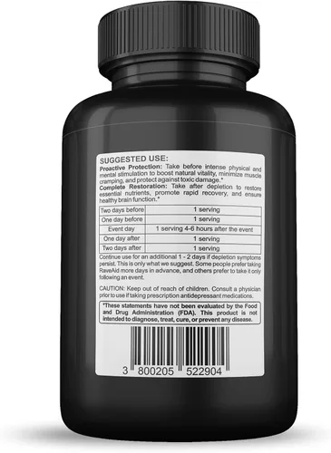 Vista 2 de RaveAid Confianza desde 2011 – Previene los comedowns, reduce el apriete de la mandíbula, protección contra la neurotoxicidad Cura y suplemento
