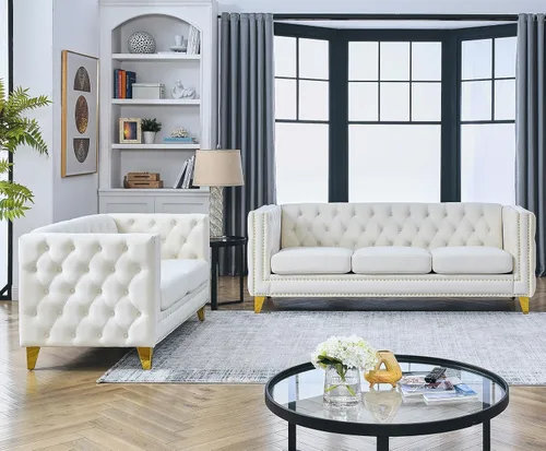 Vista 3 de Juego de 2 sofás de terciopelo para sala de estar, cómodo loveseat y sofá de 3 plazas, sofá moderno con respaldo acolchado y decoración de remaches