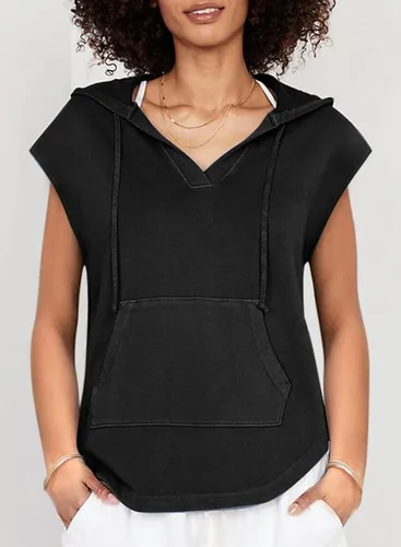 Vista 2 de SHEWIN Sudaderas con capucha para mujer, casual, de manga corta, con cordón, ligera, holgada, con bolsillo