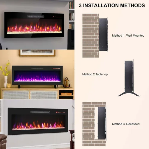 Vista 3 de Chimenea eléctrica ultrafina de 36 pulgadas, chimenea empotrada y montada en la pared, calentador de luz LED con control remoto, chimenea eléctrica