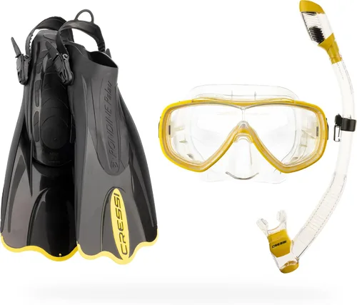Vista 10 de Cressi Juego de esnórquel de viaje ligero premium para todas las edades, aletas ajustables + máscara de silicona + snorkel seco - Juego Palau SAF