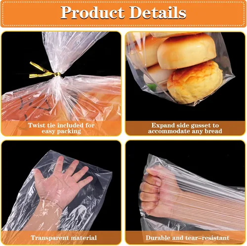 Vista 4 de Bolsas de pan con lazos, 100 bolsas de pan transparentes para pan casero y 100 lazos, bolsas de pan ajustables reutilizables de plástico, bolsas