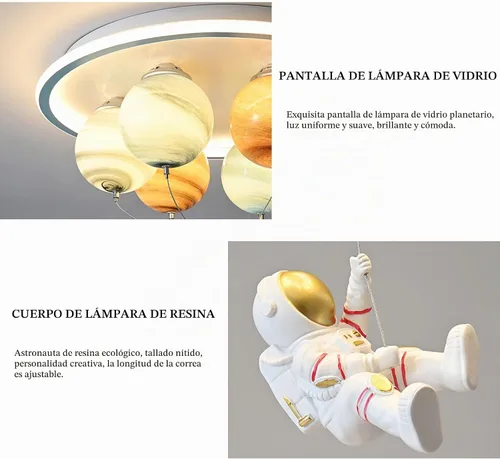 Vista 5 de Lámpara LED moderna de astronauta de dibujos animados, pantalla de cristal de estrella de 6 luces con cable ajustable, luz de techo empotrada