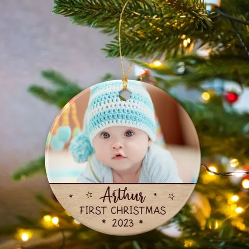Vista 4 de Primer adorno de Navidad para bebé, adorno de cerámica de Navidad para bebé 2025, primera decoración de árbol de Navidad del bebé, marco de fotos