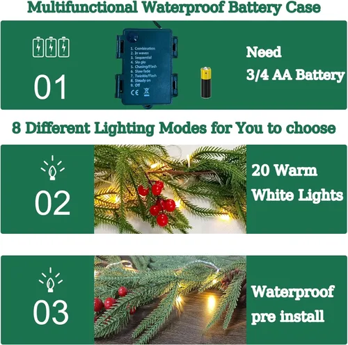 Vista 4 de Guirnalda de Navidad de 6 pies preiluminada con luces - Guirnalda artificial de pino Norfolk - Decoración del hogar para repisa, chimenea, puerta