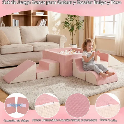 Vista 3 de STAOLENE Bloques de escalada de espuma suave con pozo de bolas, 6 juguetes de escalada de interior beige y rosa para niños pequeños, juego