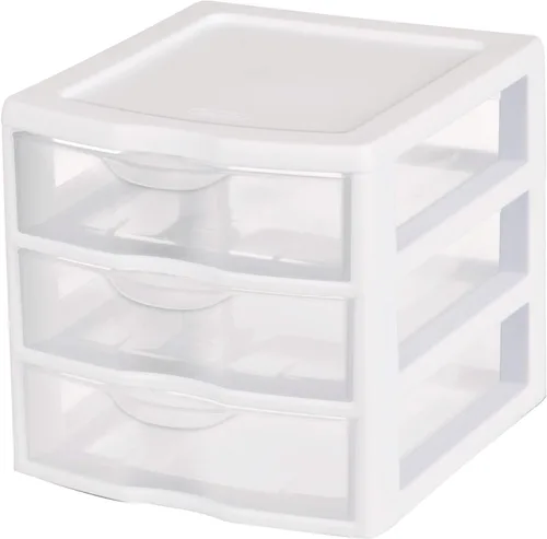 Vista 9 de Tribello Almacenamiento de plástico con 3 cajones, mini cajón, marco blanco con cajones transparentes para almacenamiento de manualidades, 10