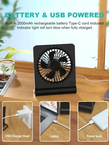 Vista 5 de Ventilador de escritorio pequeño, ventilador USB recargable con pilas, ultra silencioso, viento fuerte, ventiladores de viaje de 3 velocidades
