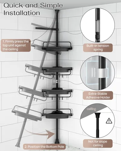 Vista 4 de ALLZONE Estantería esquinera para ducha con poste de tensión, poste extensible de acero inoxidable resistente a la oxidación y estantes ajustables