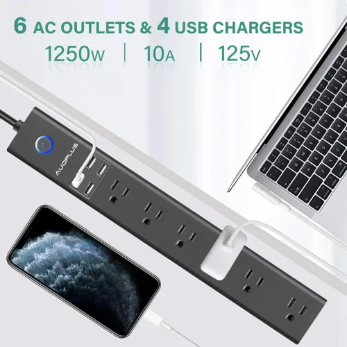 Vista 2 de AUOPLUS Regleta de alimentación con protector de sobretensiones de 10 pies, 6 salidas de CA con 4 puertos USB, cable de extensión largo