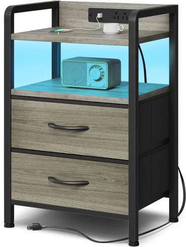 Vista 16 de Lazzanto Mesita de noche para dormitorio, mesita de noche con estación de carga y tira de luz LED, mesita de noche con estante de almacenamiento y 2