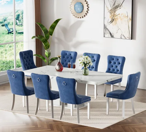 Vista 42 de Juego de mesa de comedor extensible de 63 a 79 pulgadas para 4, moderna mesa de cocina expandible con 4 sillas de terciopelo, mesa de madera gruesa