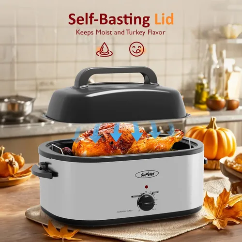 Vista 5 de Sunvivi Horno asador eléctrico con tapa visible, horno asador de pavo de 24 cuartos de galón con sartén y estante extraíbles, acero inoxidable
