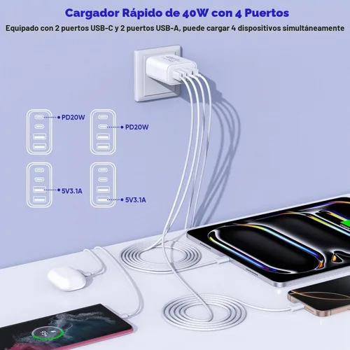 Vista 3 de 2 unidades de cable trenzado iPhone 17/16/15 Pro Max USB C a C, cargador Apple tipo C de 40 W PD de 4 puertos con enchufe de pared y cable trenzado
