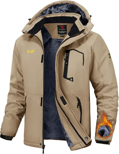 Vista 10 de TBMPOY Chaquetas de esquí para hombre, impermeables, para nieve, forro polar grueso, con capucha, para clima frío, cálido, trabajo en hielo al aire