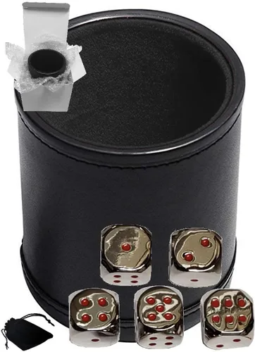 Vista 10 de Cyber-Deals Juego de dados de piel sintética negra con forro de fieltro negro de felpa + dados de metal de aleación de zinc de 0.630 pulgadas, caja