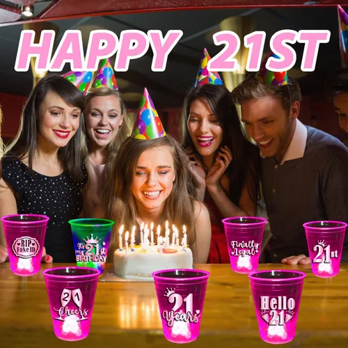 Vista 6 de mishunyus Paquete de 24 vasos de fiesta de cumpleaños 21 para mujer, vasos de plástico rosa de 16 onzas con diseños de lámina de oro rosa