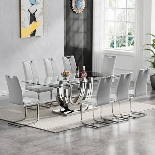 Vista 9 de Juego de mesa de comedor de cristal dorado moderno de 70 pulgadas para 4, juego de mesa rectangular de 5 piezas con base de acero en forma de anillo