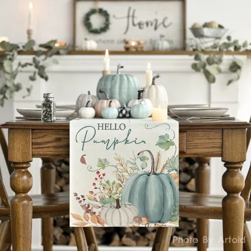 Vista 2 de Artoid Mode Aqua Hello - Camino de mesa de otoño con hojas de calabaza, decoración de mesa de comedor de cocina de otoño de temporada