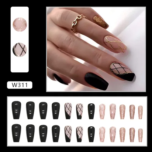 Vista 4 de Uñas postizas cuadradas negras de longitud media con diseños de líneas negras y doradas, cobertura completa, reutilizables, juego de uñas postizas