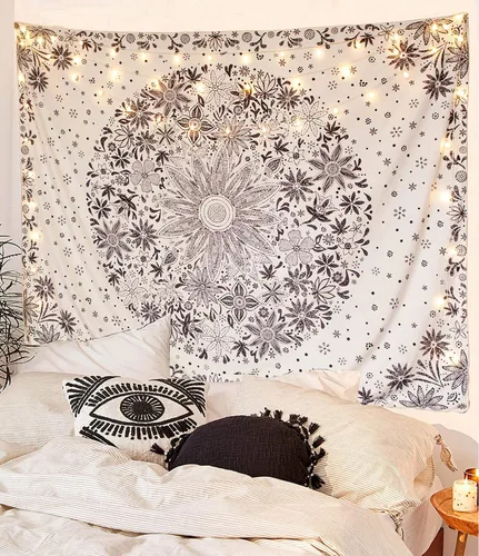 Vista 2 de Neasow - Tapiz estilo bohemio para colgar en la pared, estilo floral, blanco y negro con circunferencia de margarita con lunares, decoración