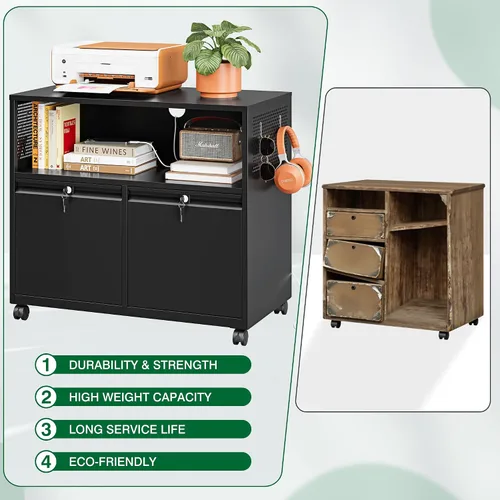 Vista 7 de Archivador de metal con 2 cajones con cerradura, gabinete archivador con soporte para impresora móvil y estantes para archivos de tamaño Negro