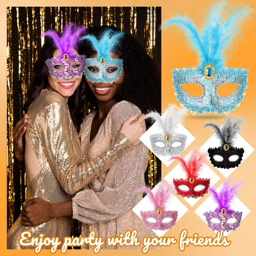Vista 5 de CHENGU 6 máscaras de máscaras para mujeres y niñas, disfraz de Halloween, máscara de encaje colorida para mujeres y niñas, suministros de fiesta