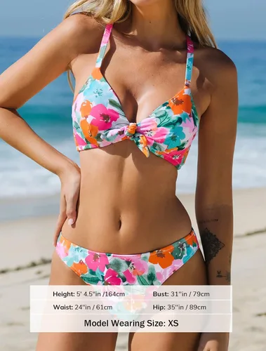 Vista 4 de CUPSHE - Conjunto de bikini de dos piezas para mujer, estampado floral, con nudo de conejo
