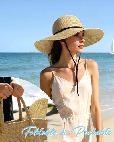 Vista 3 de Sombreros de sol para mujer, sombrero de playa de paja de ala ancha de Beige