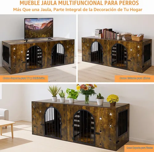 Vista 5 de Mueble de jaula para perros de 63" para 1 o 2 perros, perrera individual/doble de servicio pesado con cuencos, jaula de madera y metal estilo granja