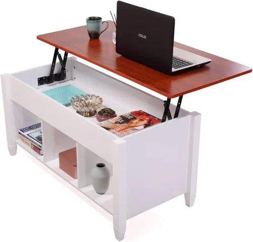 Vista 6 de LAZYMOON Mesa de centro elevable, compartimento de almacenamiento de escritorio para computadora portátil, muebles para el hogar de madera maciza