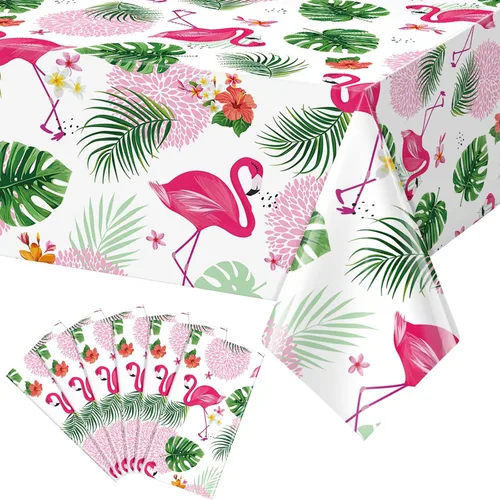 Vista 9 de Paquete de 3 manteles de verano con diseño de flamenco para fiestas, mantel de plástico tropical hawaiano, mantel desechable Luau para verano