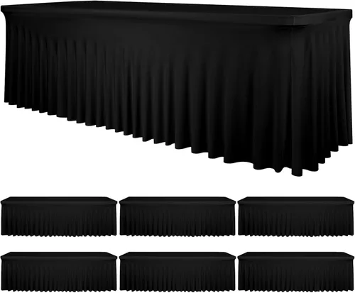 Vista 30 de fani Paquete de 2 faldas de mesa elásticas negras para mesa rectangular de 6 pies, manteles elásticos de elastano lavables con falda, mantel