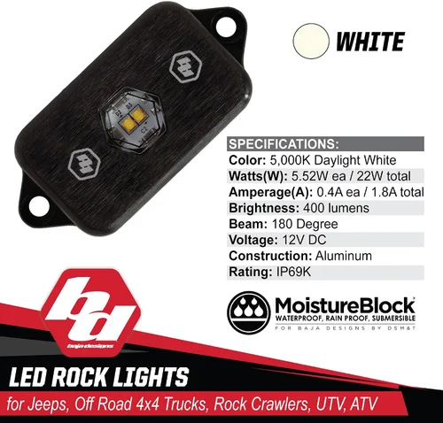 Vista 4 de Kit de luz LED para roca Baja Designs - 4 piezas. LED con arnés de cableado (blanco)
