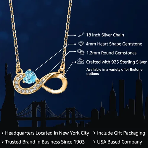 Vista 2 de Gem Stone King Collar con dije de infinito para mujer, en plata chapada en oro amarillo de 18 quilates, con piedra natal en forma de corazón