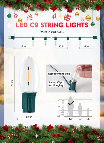 Vista 3 de Luces LED vintage C9 de Navidad, cadena de luces C9 de 25 pies con 25 bombillas LED C9 de plástico, luces impermeables conectables al aire libre