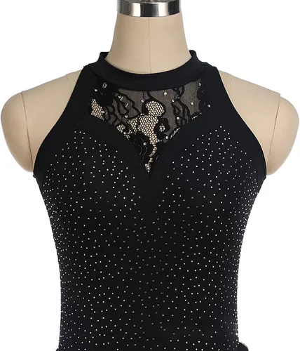 Vista 3 de Vestido de patinaje sobre hielo para niñas y adultos, body sin mangas con diamantes de imitación brillantes, falda de carrera para disfraz, leotardo