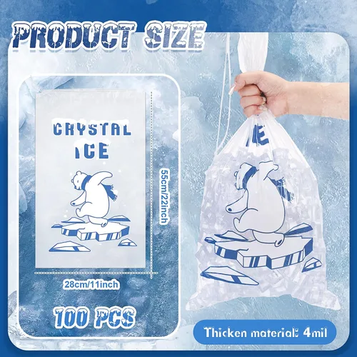 Vista 2 de Honoson 100 bolsas de almacenamiento de hielo de plástico de 10 libras con cierre de cordón de algodón para barbacoas, campamentos, puestos