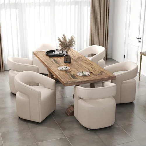 Vista 8 de DUOMAY Silla de comedor tapizada moderna con ruedas giratorias, juego de 1, silla auxiliar con respaldo de barril de lino, silla de tocador