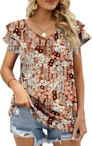 Vista 3 de OFEEFAN - Camisetas de verano para mujer, blusa informal de manga corta con volantes, cuello en V, ajuste holgado
