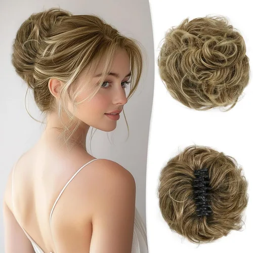 Vista 13 de RUWISS Extensiones de cabello humano real, ondulado y rizado, moño despeinado, cola de caballo para mujer (12H24# castaño rojo/rubio mediano)