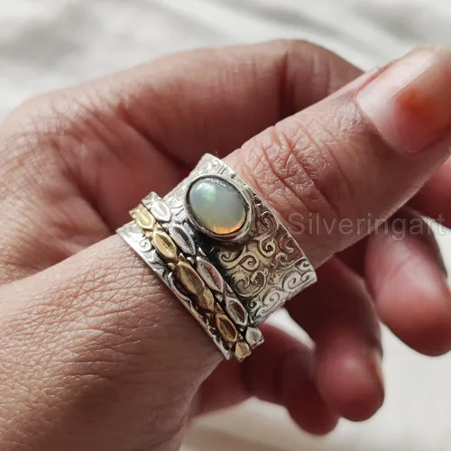 Vista 5 de Natural Opal Spinner Band, October Birthstone, Meditation Ring, 925 Sterling Silver Ring, Spinning Ring, Two Tone Ring, Fidget Ring, Handmade