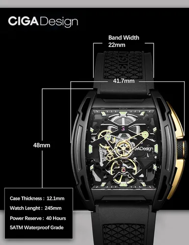 Vista 4 de CIGADesign - Reloj esqueleto automático mecánico, de acero inoxidable, replica de Tonneau, casual, de pulsera, impermeable, cristal de zafiro
