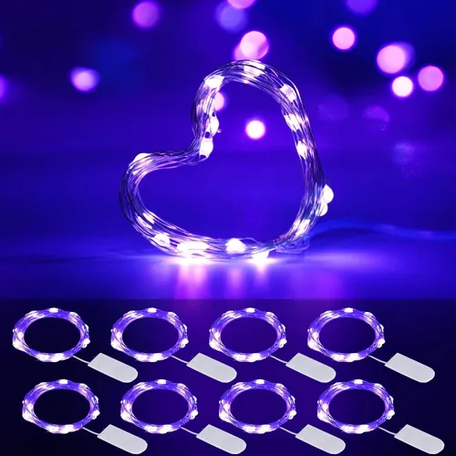 Vista 10 de Luces LED negras UV a pilas, paquete de 2 luces LED de 6.56 pies, 20 luces LED UV, accesorios de luz negra flexibles, luces de hadas moradas