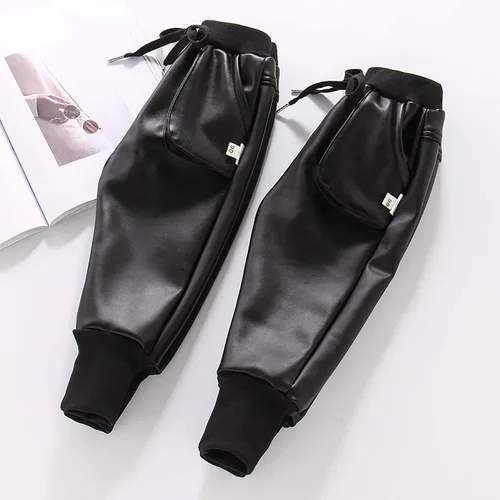 Vista 3 de JanJean Pantalones de terciopelo de piel sintética con cintura elástica para niños y niños con cordón ajuste holgado térmicos cálidos uso casual