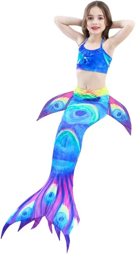 Vista 4 de Swimmable Mermaid Tail Bikini Sets Monofin Swimwear Girls Kids Cospaly