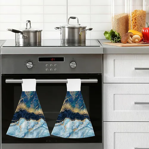 Vista 7 de Juego de 2 toallas de mano de mármol azul dorado con bucle, toallas de secado rápido, toallas suaves para cocina, platos de té, toallas para baño