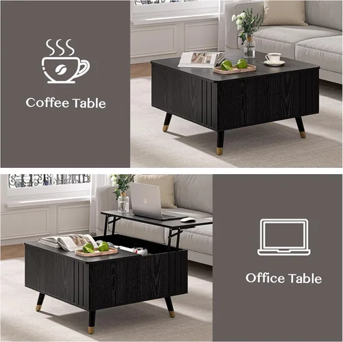 Vista 5 de Mesa de centro elevable con almacenamiento, mesa central negra de 32 pulgadas para sala de estar, mesa de comedor cuadrada con patas de madera maciza
